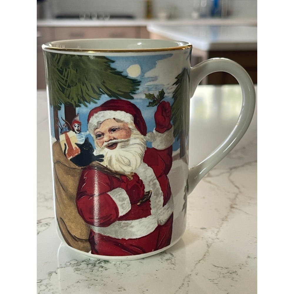 American Atelier Santa Porcelain Mug 5052 Christmas Coffee Cup Gold Rim Vintage